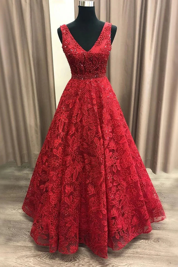 Vibrant Ballgown Deep-V-Neck Beaded-Lace Sleeveless Floor-Length Evening Dresses