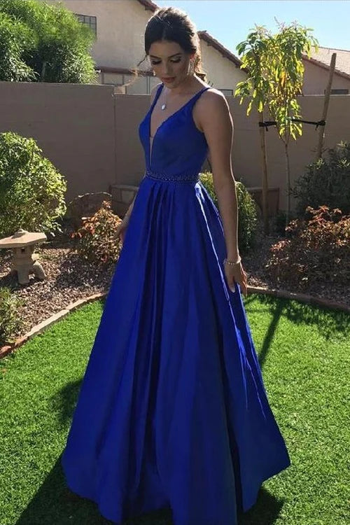 Vibrant Ballgown Deep-V-Neck Beaded-Waist Floor-Length Evening Dresses