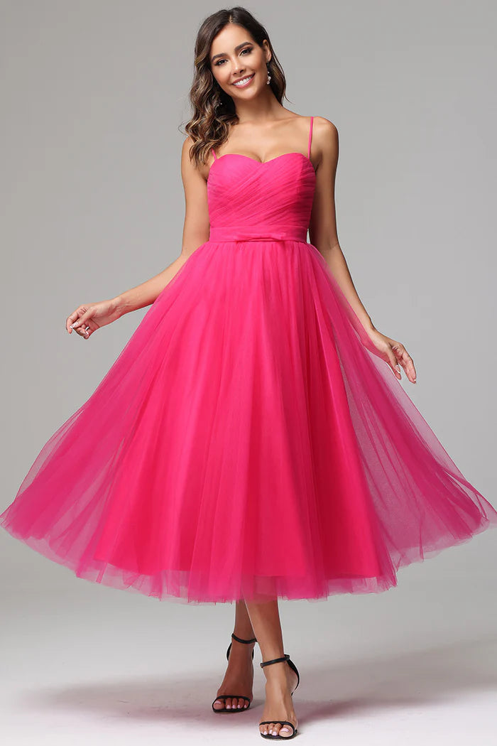 Vibrant Ballgown Sweetheart Spaghetti-Strap Closed-Back Hot Pink Tulle Tea-Length Bridesmaid Dresses