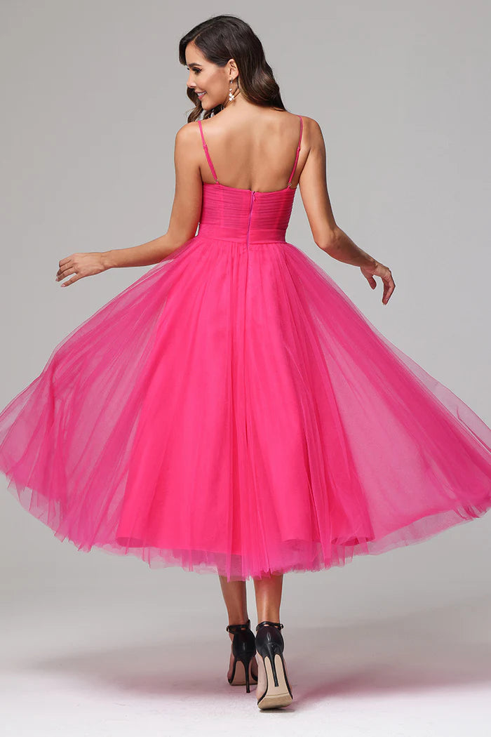 Vibrant Ballgown Sweetheart Spaghetti-Strap Closed-Back Hot Pink Tulle Tea-Length Bridesmaid Dresses