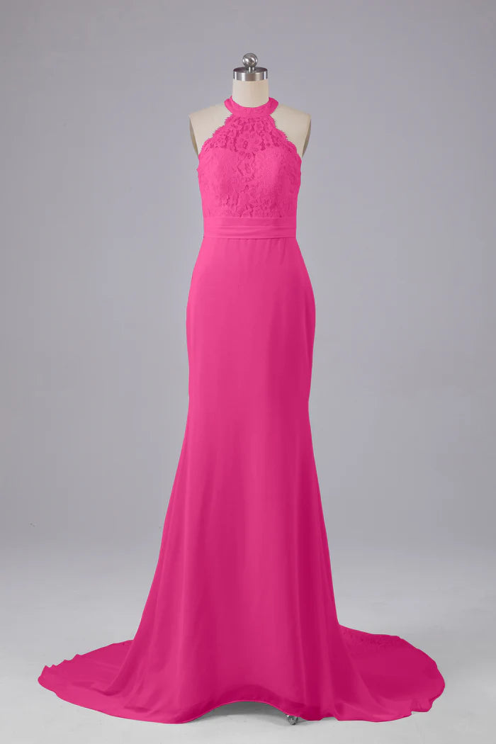 Vibrant Mermaid Halter-Neck Lace Cut-Out-Back Train Floor-Length Bridesmaid Dresses