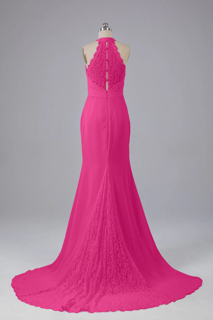 Vibrant Mermaid Halter-Neck Lace Cut-Out-Back Train Floor-Length Bridesmaid Dresses