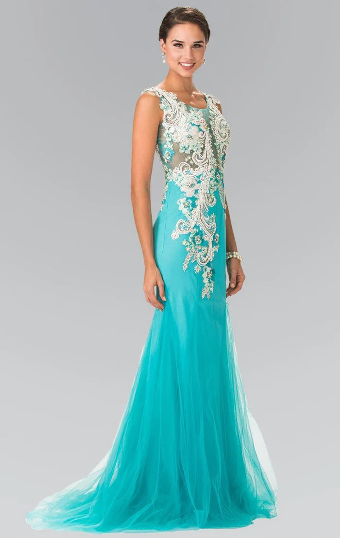 Vibrant Mermaid Square-Neck Sleeveless Sheer-Back Turquoise Beaded-Tulle Floor-Length Mother of the Bride Dresses