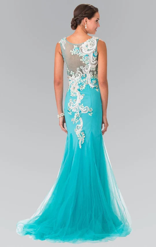 Vibrant Mermaid Square-Neck Sleeveless Sheer-Back Turquoise Beaded-Tulle Floor-Length Mother of the Bride Dresses