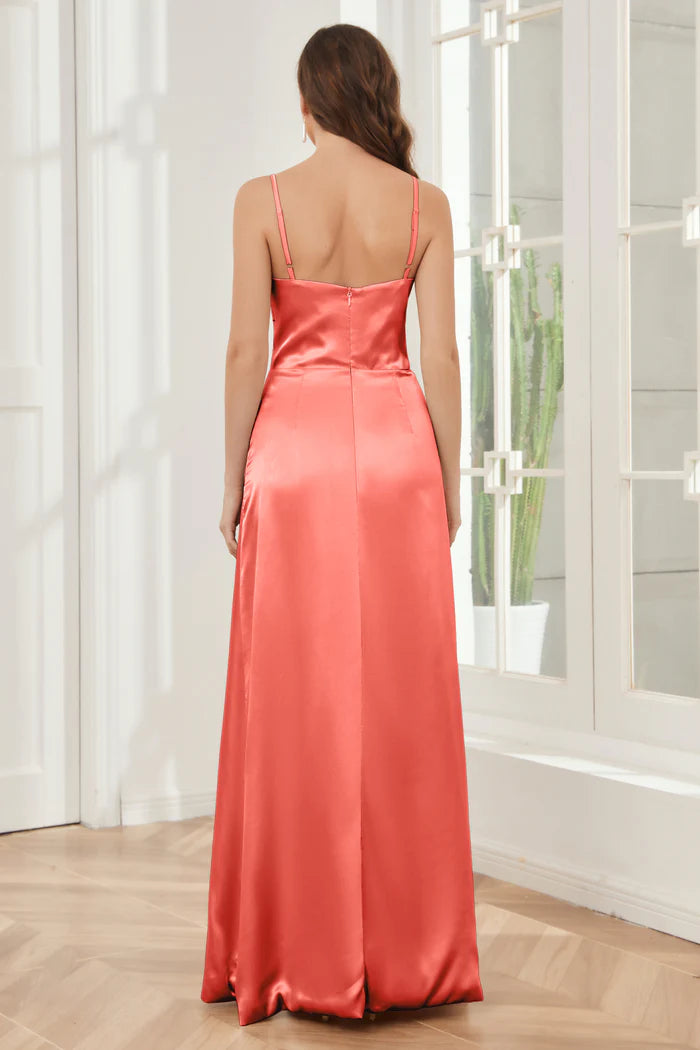 Vibrant Sheath Deep V-Neck Spaghetti-Strap Open-Back Coral Satin Floor-Length Bridesmaid Dresses