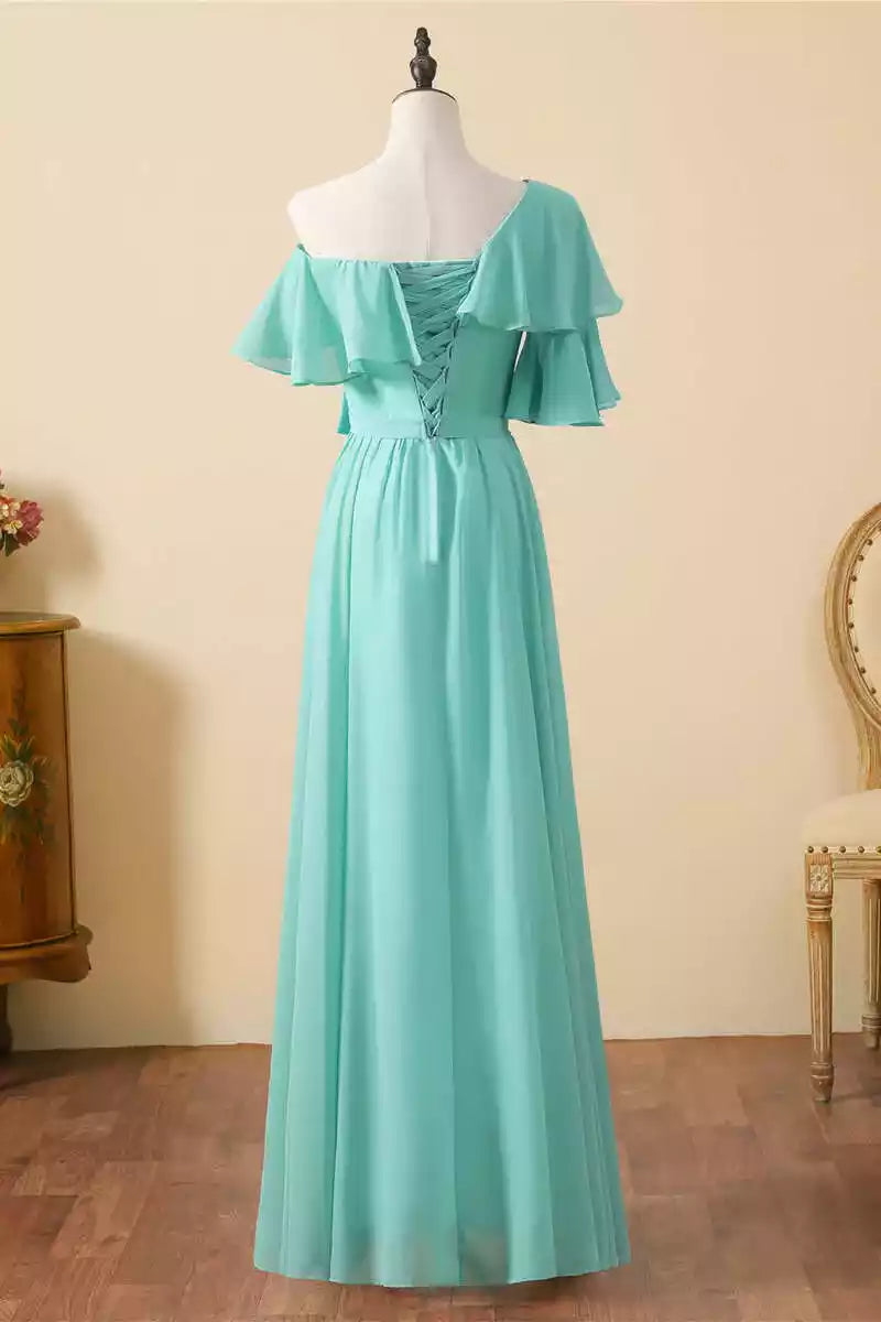 Vibrant Aqua Chiffon Gown with One-Shoulder Ruffled Overlay & Lace-Up Back