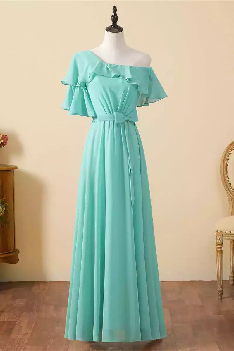 Vibrant Aqua Chiffon Gown with One-Shoulder Ruffled Overlay & Lace-Up Back