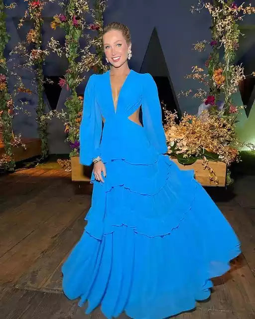 Vibrant Cobalt Blue Chiffon Gown with Ruffled Skirt & Open Back