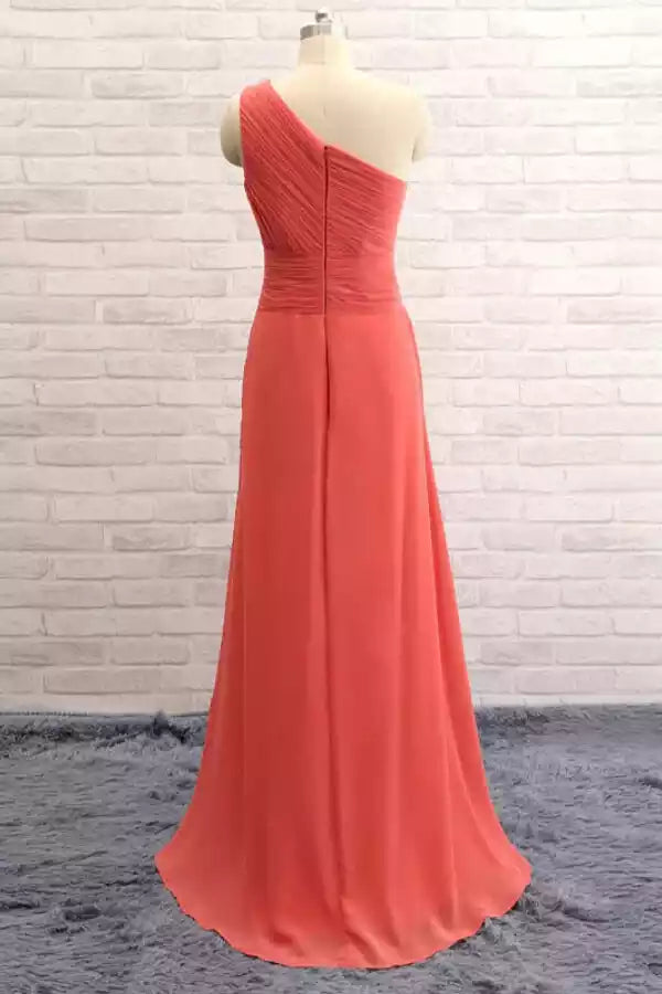 Vibrant Coral Chiffon Gown with One-Shoulder Ruched Bodice