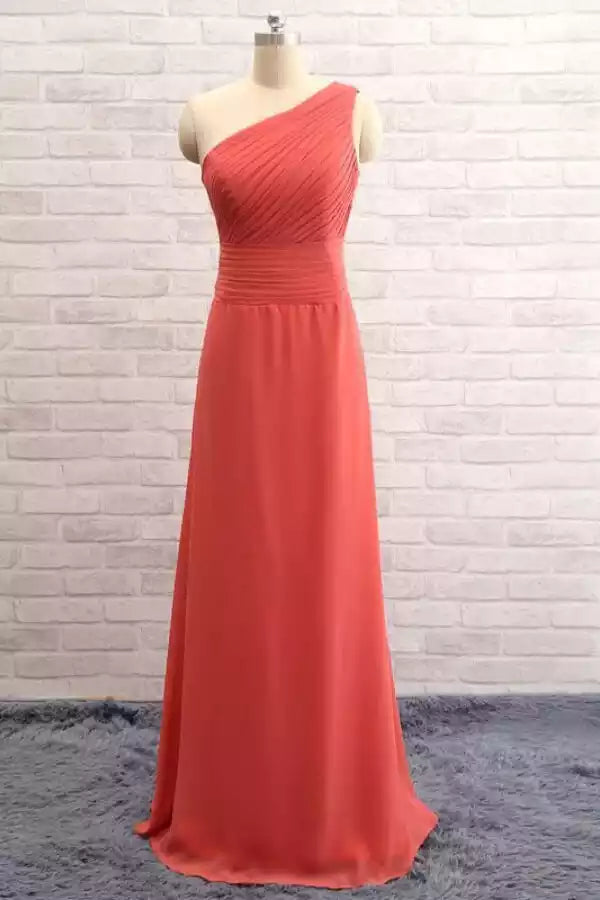 Vibrant Coral Chiffon Gown with One-Shoulder Ruched Bodice