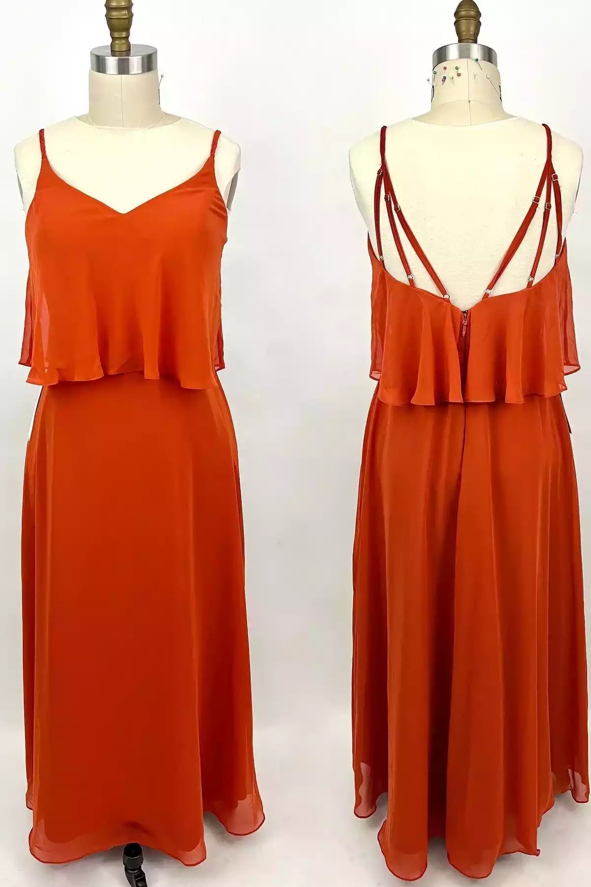 Vibrant Coral Chiffon Gown with Ruffled Layer & Crisscross Back