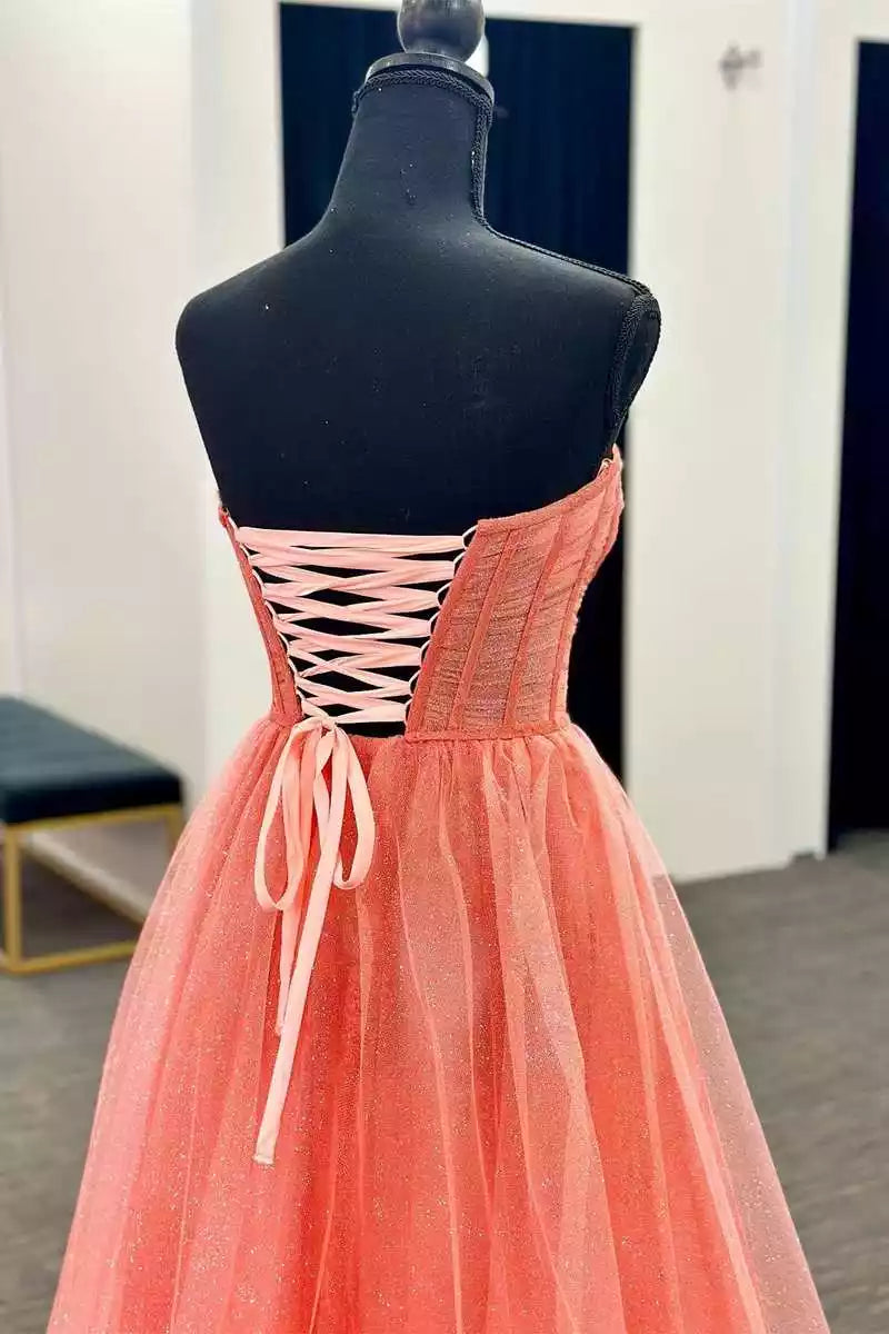 Vibrant Coral Glitter Tulle Ballgown with Strapless Bodice & Crisscross Back
