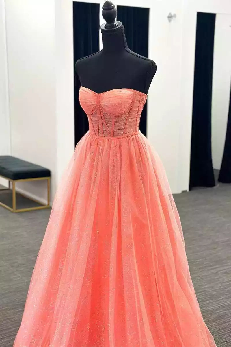 Vibrant Coral Glitter Tulle Ballgown with Strapless Bodice & Crisscross Back