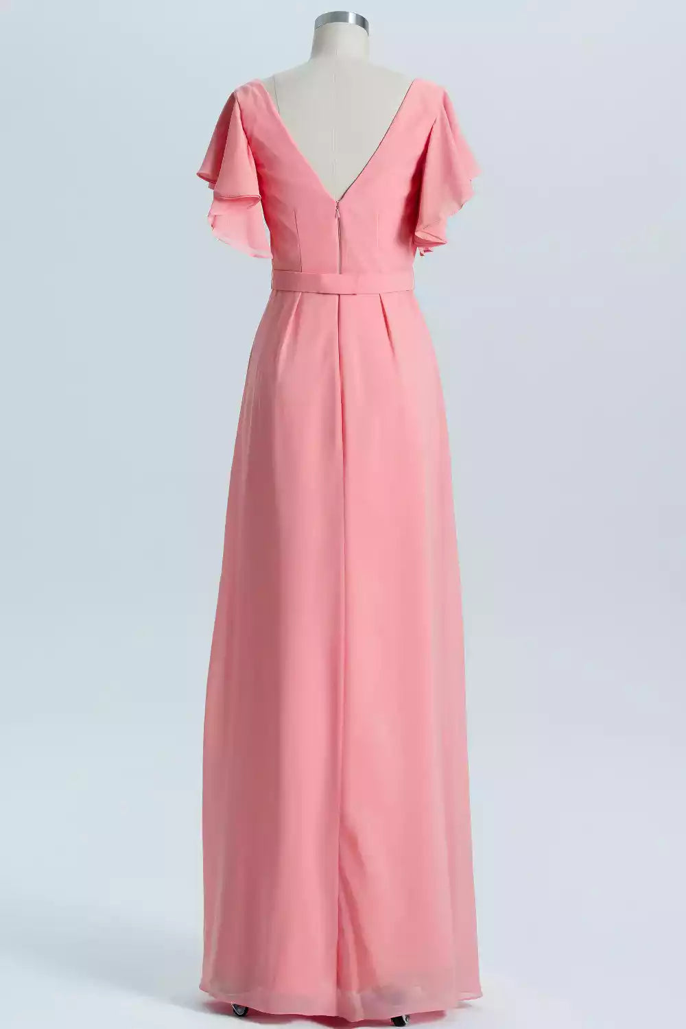 Vibrant Coral Pink Chiffon Gown with Flutter Sleeves & Deep V-Back