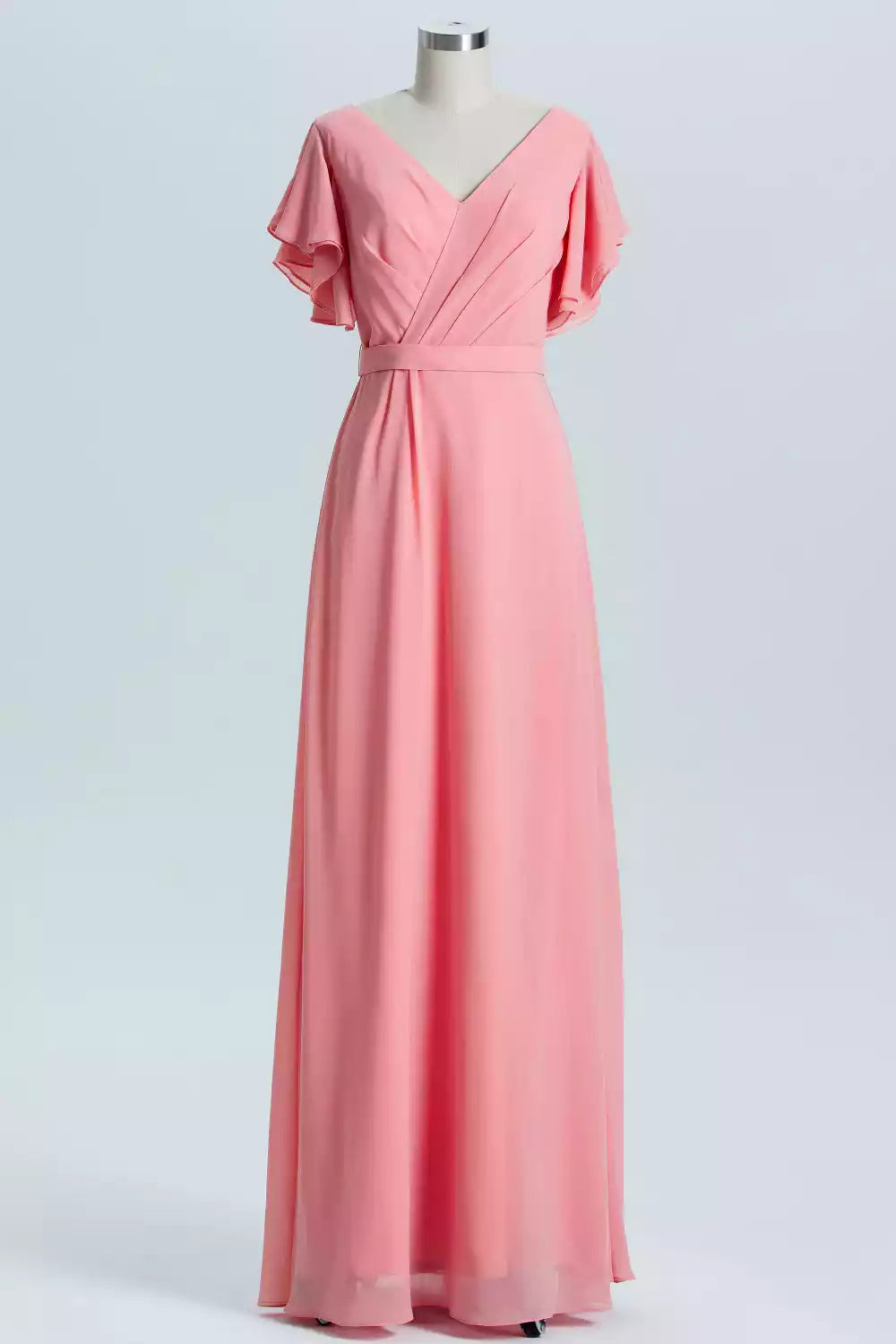 Vibrant Coral Pink Chiffon Gown with Flutter Sleeves & Deep V-Back