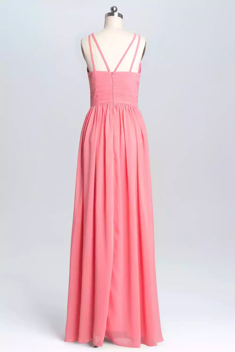 Vibrant Coral Pink Chiffon Gown with Halter Crisscross Back & Ruched Bodice