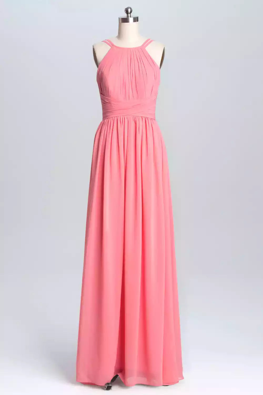 Vibrant Coral Pink Chiffon Gown with Halter Crisscross Back & Ruched Bodice