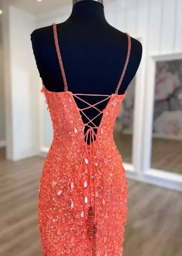 Vibrant Coral Sequin Mermaid Gown with Spaghetti Straps & Cross-Back Lace-Up