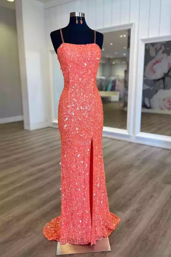 Vibrant Coral Sequin Mermaid Gown with Spaghetti Straps & Cross-Back Lace-Up