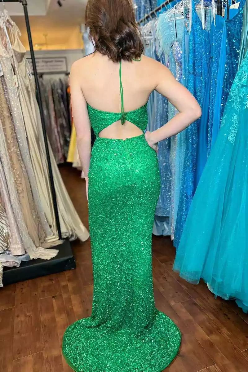 Vibrant Emerald Sequin Mermaid Gown with Cutout Bodice & Halter Back