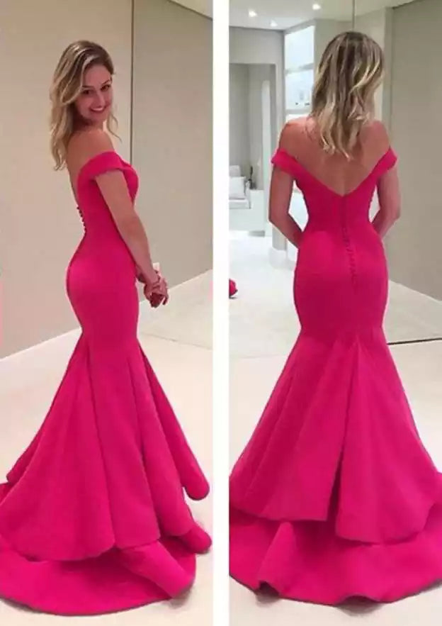 Vibrant Fuchsia Mermaid Gown with Off-the-Shoulder Neckline & Open Back