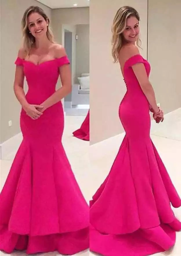 Vibrant Fuchsia Mermaid Gown with Off-the-Shoulder Neckline & Open Back