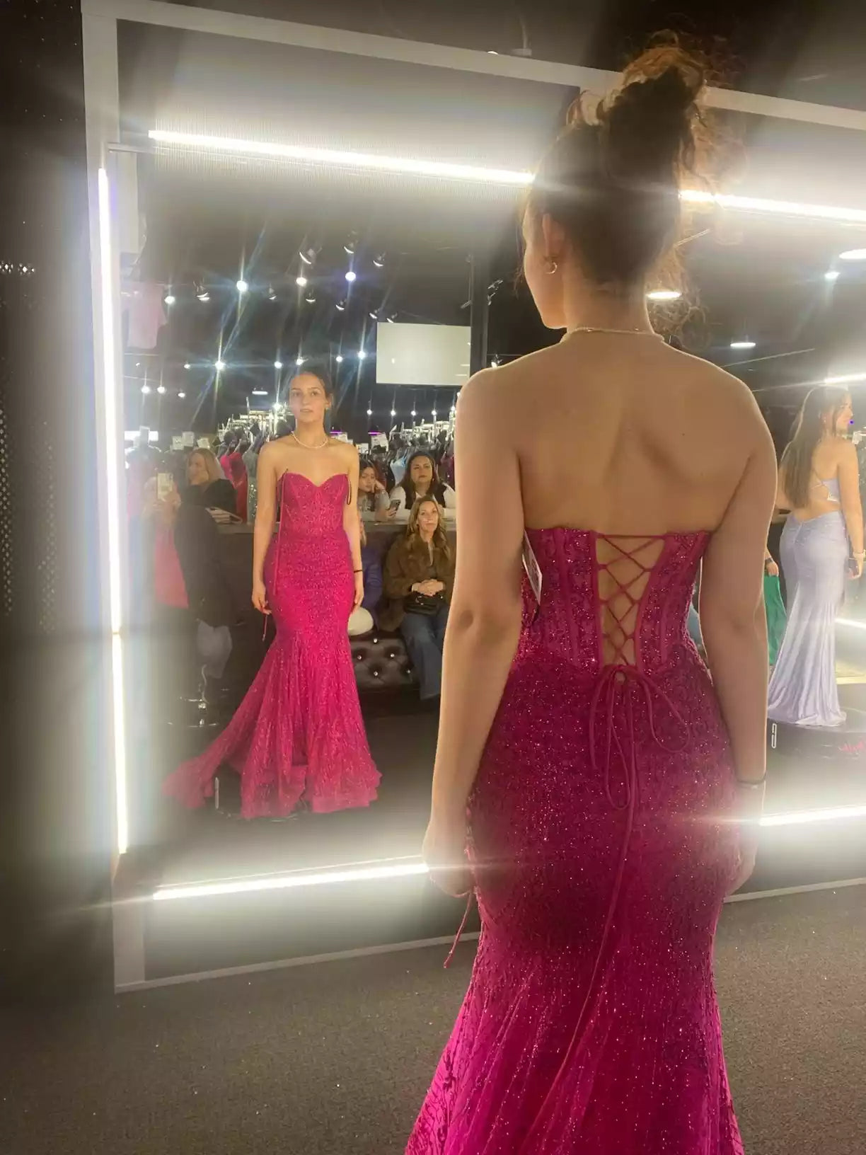 Vibrant Fuchsia Sequin Mermaid Gown with Strapless Bodice & Cross-Back Lace-Up
