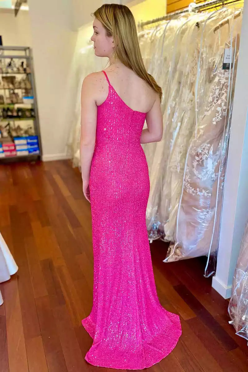 Vibrant Fuchsia Sequin One-Shoulder Mermaid Gown with Side Slit