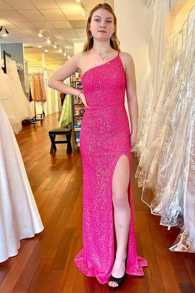 Vibrant Fuchsia Sequin One-Shoulder Mermaid Gown with Side Slit
