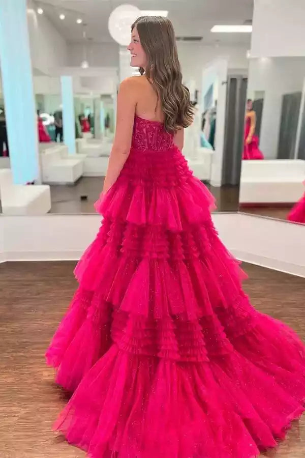 Vibrant Fuchsia Tulle Ballgown with Strapless Beaded Bodice & Ruffled Skirt