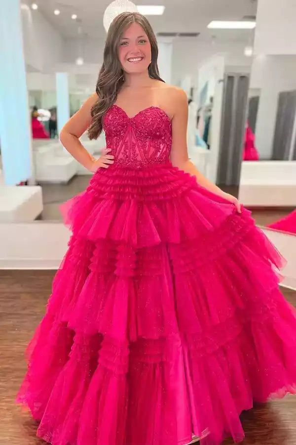 Vibrant Fuchsia Tulle Ballgown with Strapless Beaded Bodice & Ruffled Skirt