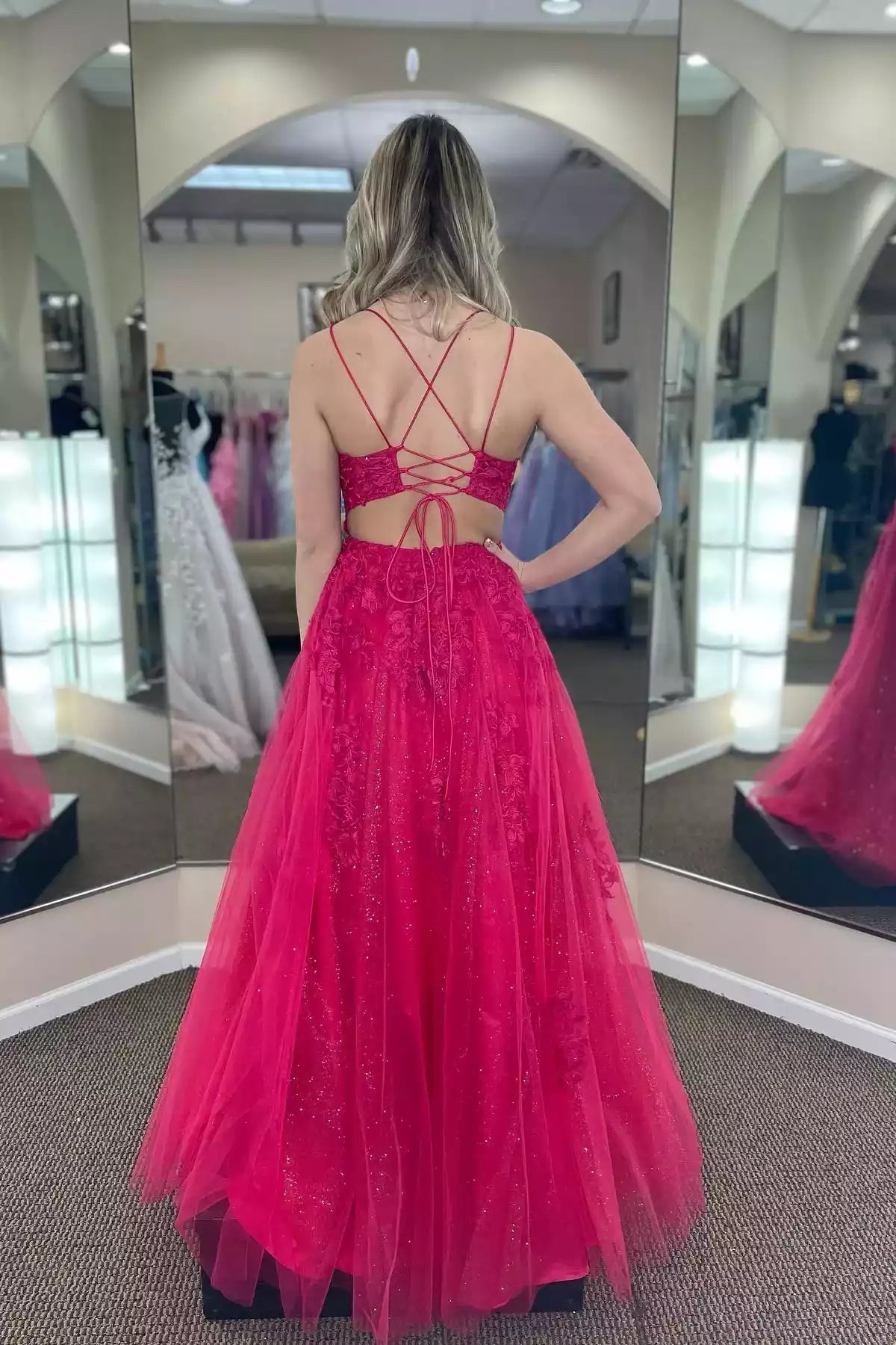 Vibrant Fuchsia Tulle Gown with Lace Embellishments & Crisscross Back