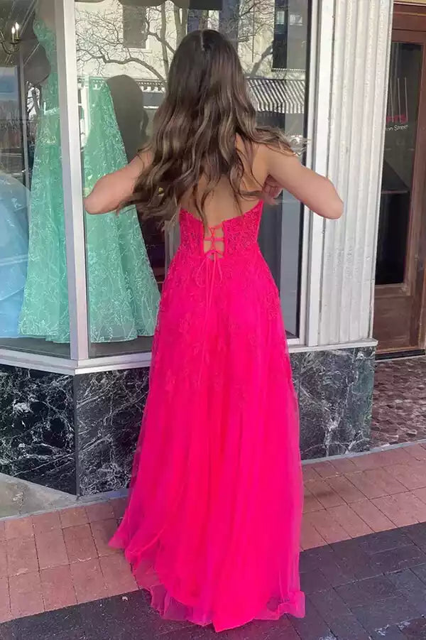 Vibrant Hot Pink Lace Tulle Gown with Strapless Neckline & Lace-Up Back