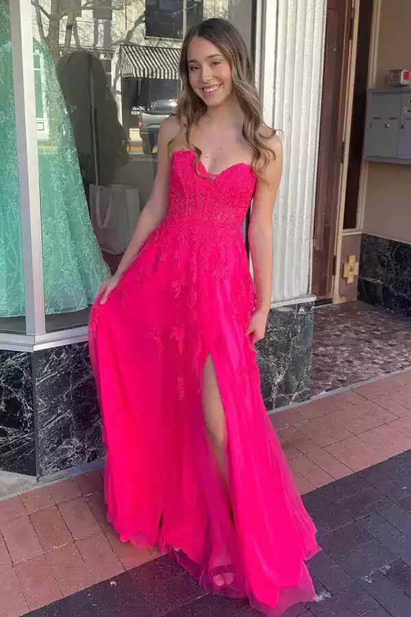 Vibrant Hot Pink Lace Tulle Gown with Strapless Neckline & Lace-Up Back
