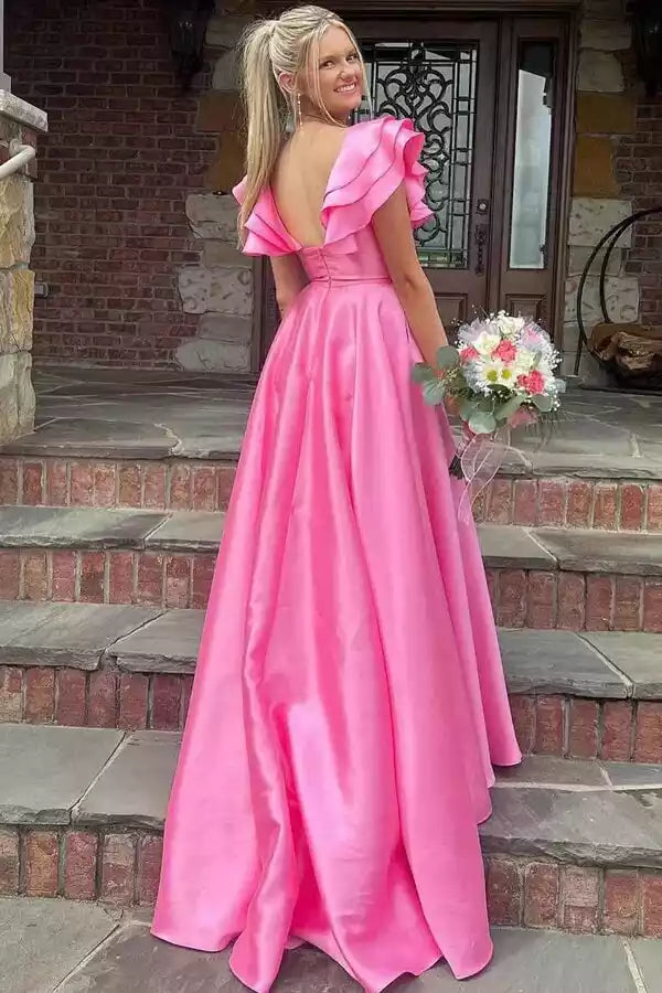 Vibrant Hot Pink Satin Ballgown with Ruffled Shoulder Detail & Open Back