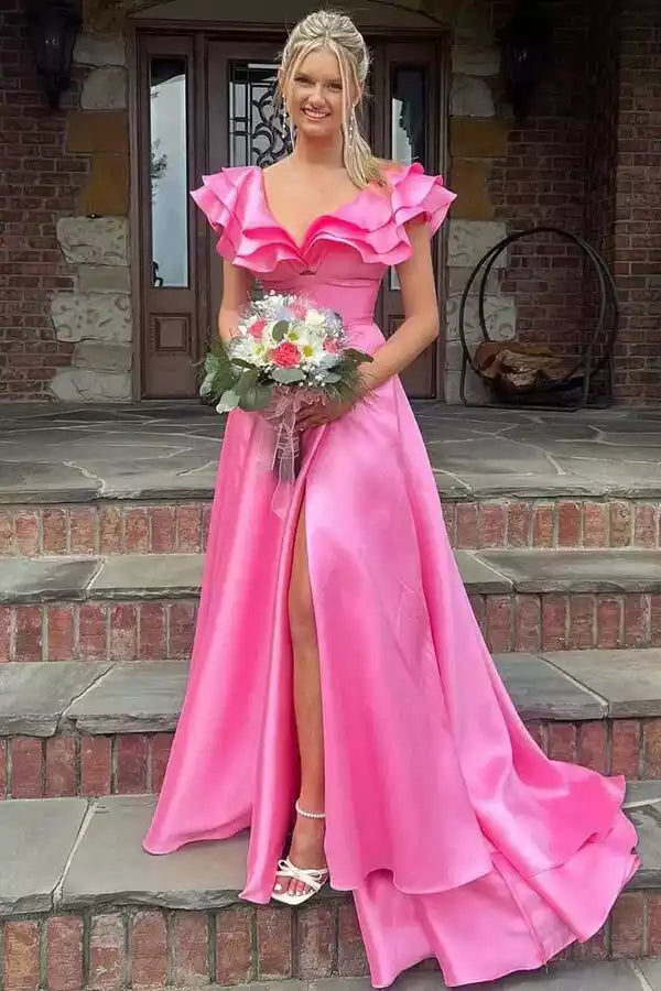 Vibrant Hot Pink Satin Ballgown with Ruffled Shoulder Detail & Open Back