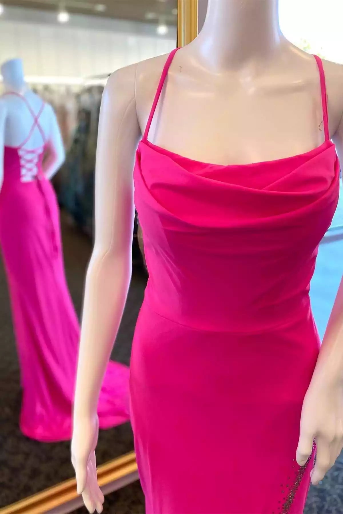 Vibrant Hot Pink Satin Gown with Draped Bodice & Crisscross Back