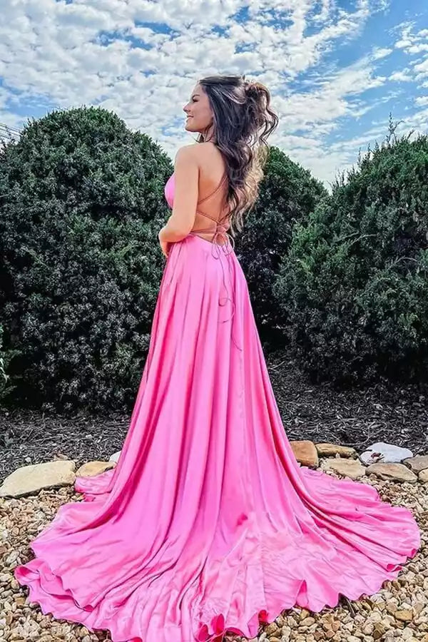 Vibrant Hot Pink Satin Gown with Spaghetti Straps & High Slit
