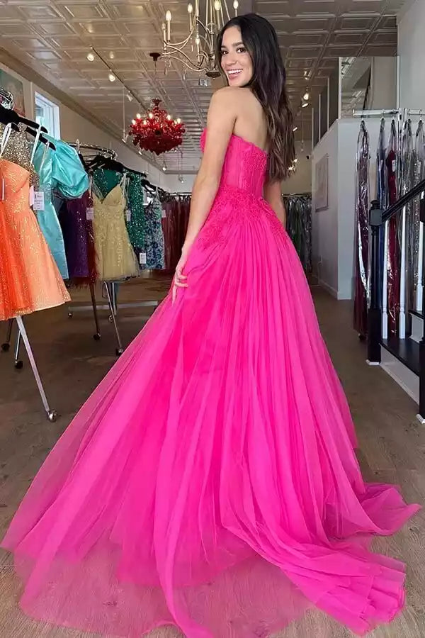 Vibrant Hot Pink Tulle Ballgown with Strapless Lace Bodice