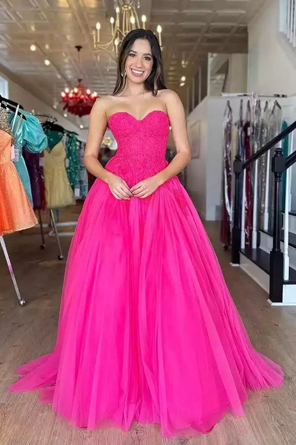 Vibrant Hot Pink Tulle Ballgown with Strapless Lace Bodice
