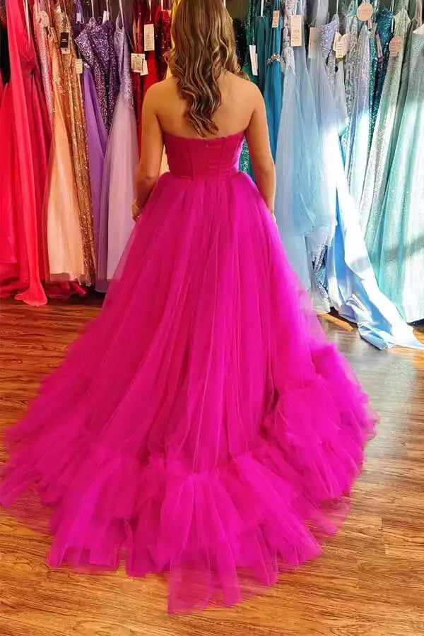 Vibrant Hot Pink Tulle Ballgown with Strapless Sweetheart Neckline & Tiered Skirt