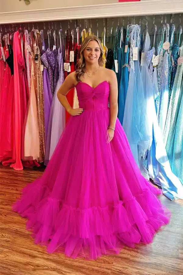 Vibrant Hot Pink Tulle Ballgown with Strapless Sweetheart Neckline & Tiered Skirt