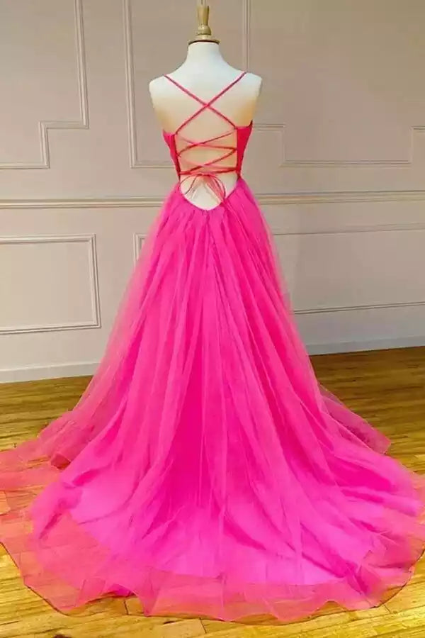 Vibrant Hot Pink Tulle Gown with Crisscross Open Back