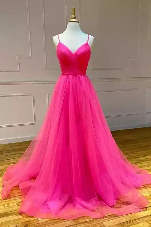 Vibrant Hot Pink Tulle Gown with Crisscross Open Back