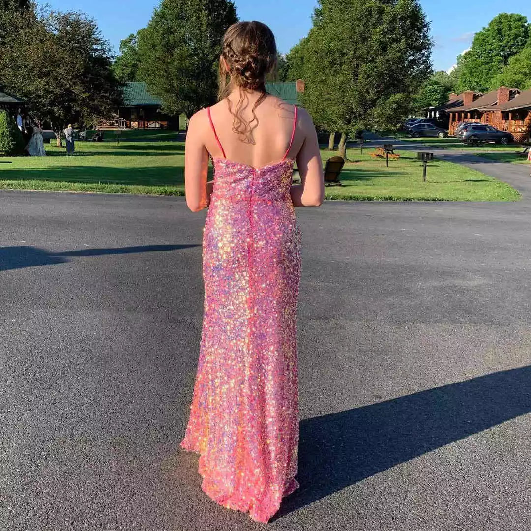 Vibrant Iridescent Pink Sequin Mermaid Gown with Deep V-Neckline & High Side Slit