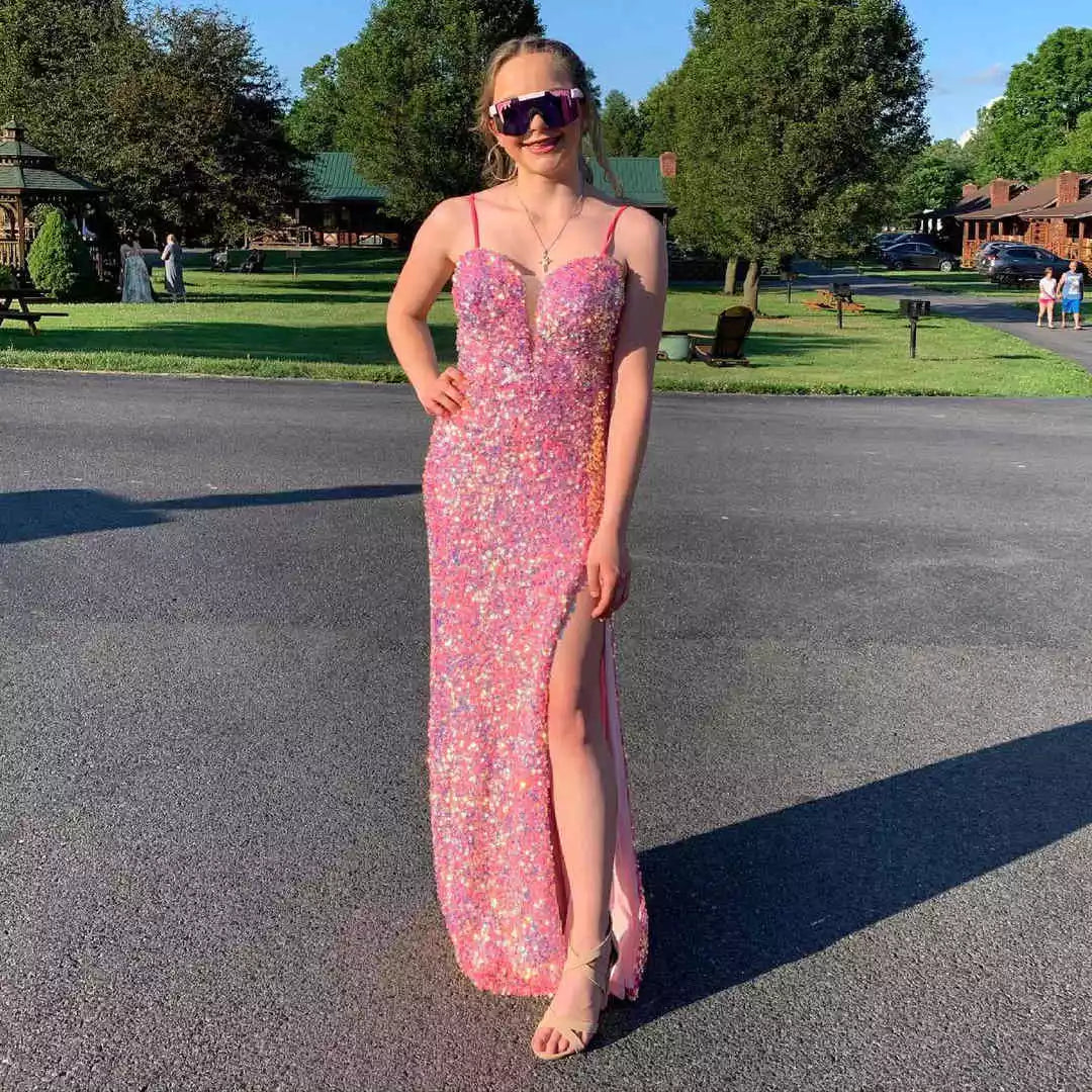 Vibrant Iridescent Pink Sequin Mermaid Gown with Deep V-Neckline & High Side Slit