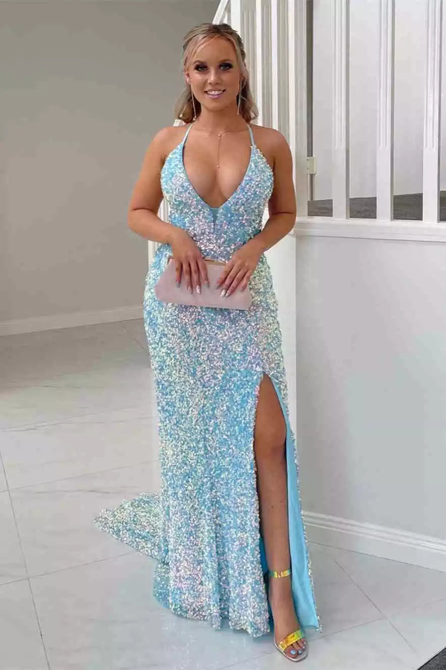 Vibrant Iridescent Sky Blue Sequin Mermaid Gown with Crisscross Back