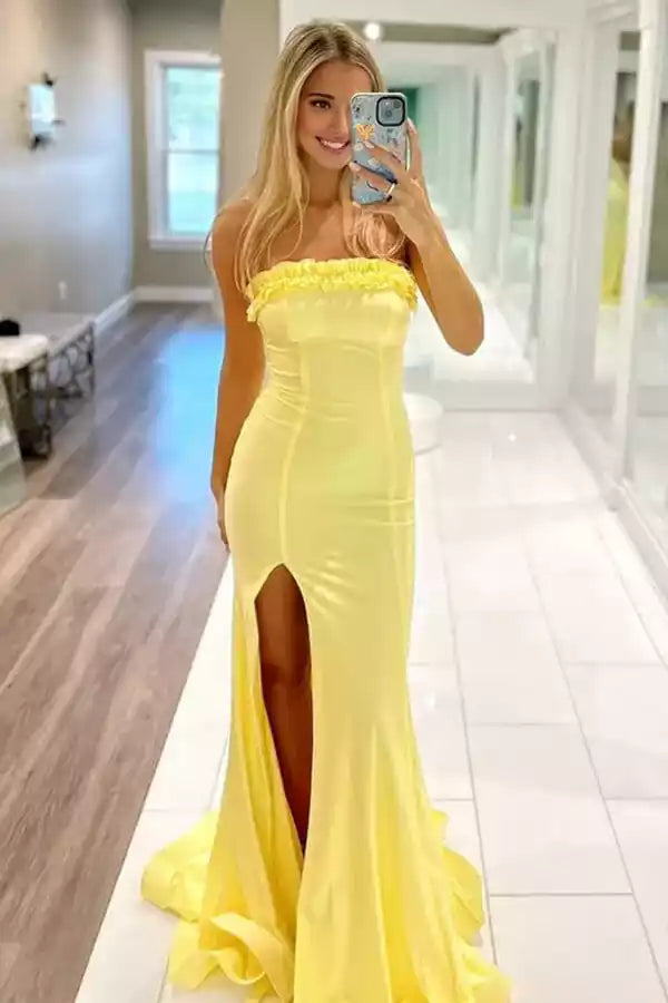 Vibrant Lemon Yellow Mermaid Gown with Strapless Ruffled Bodice
