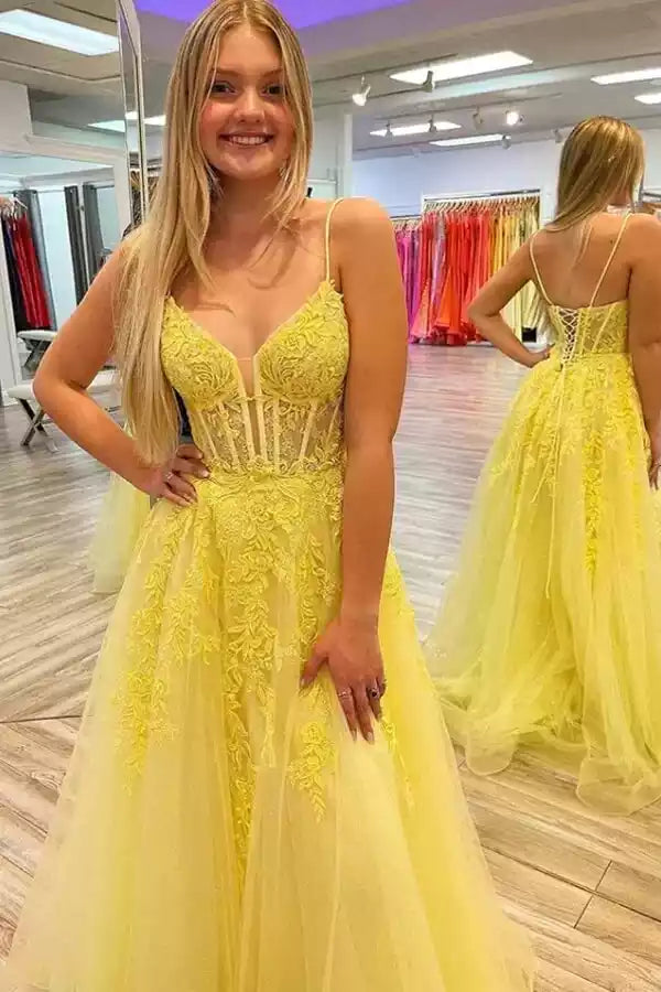 Vibrant Lemon Yellow Tulle Ballgown with Lace Embroidery