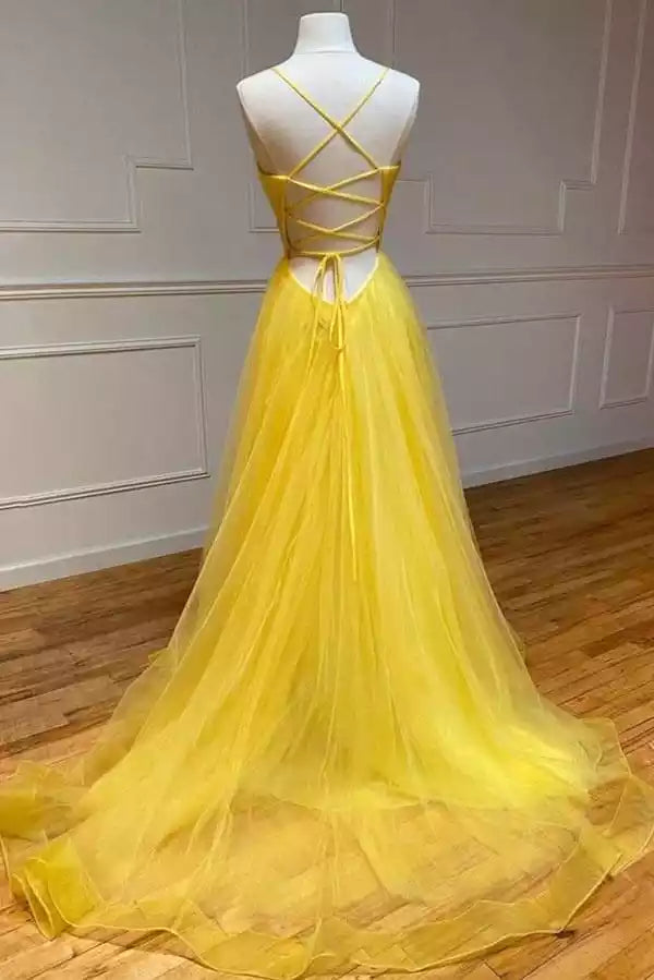 Vibrant Lemon Yellow Tulle Gown with Crisscross Back & A-Line Silhouette